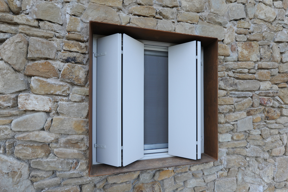 Exterior folding sliding shutters on Maison Malatesta [094